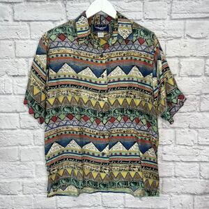 Vintage 90s Womens Silk Shirt Button Front Abstract Stripe Size S Retro